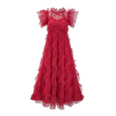 Maxi-Bodycon-Kleid mit hohem Halsausschnitt und kurzen Ärmeln, Rüschen, HT0916
